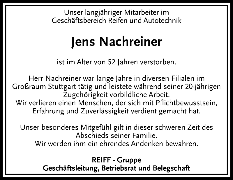  Traueranzeige für Jens Nachreiner vom 21.09.2017 aus Leonberger Kreiszeitung / Strohgäu Extra