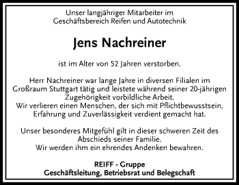Traueranzeige von Jens Nachreiner von Leonberger Kreiszeitung / Strohgäu Extra