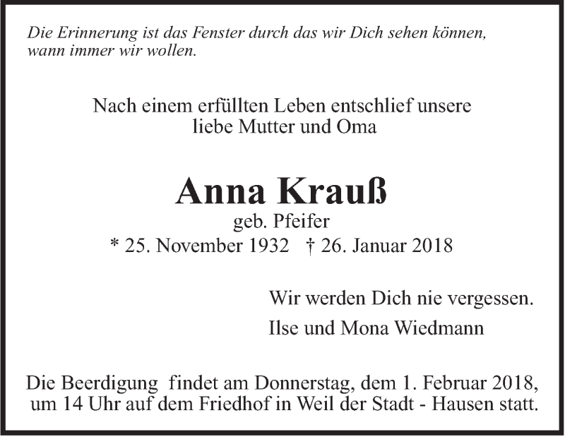  Traueranzeige für Anna Krauß vom 29.01.2018 aus Leonberger Kreiszeitung / Strohgäu Extra