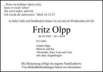 Traueranzeige von Fritz Olpp von Leonberger Kreiszeitung / Strohgäu Extra