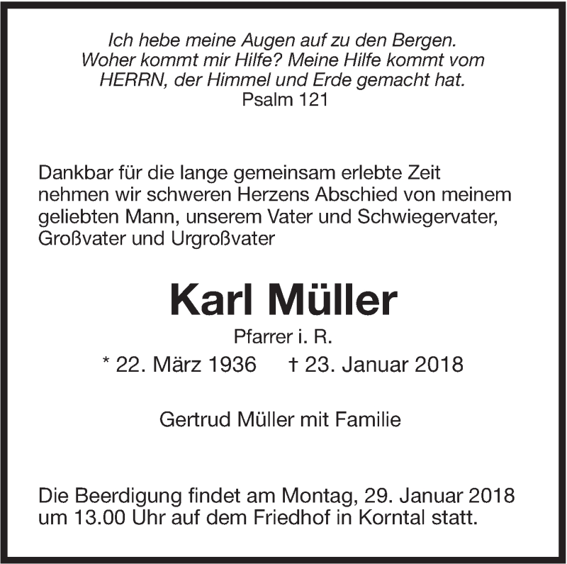  Traueranzeige für Karl Müller vom 25.01.2018 aus Leonberger Kreiszeitung / Strohgäu Extra