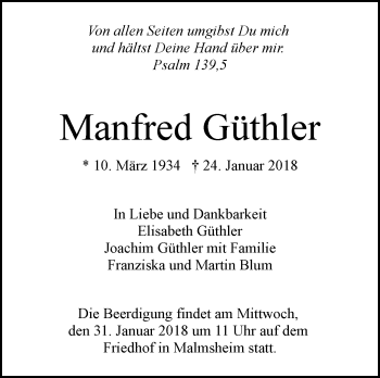 Traueranzeige von Manfred Güthler von Leonberger Kreiszeitung / Strohgäu Extra
