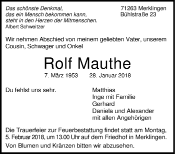 Traueranzeige von Rolf Mauthe von Leonberger Kreiszeitung / Strohgäu Extra