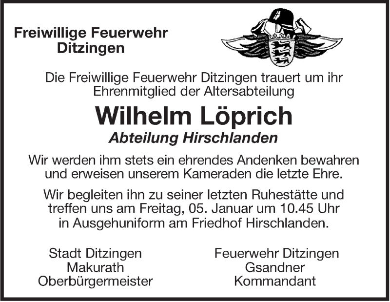 Traueranzeige für Wilhelm Löprich vom 04.01.2018 aus Leonberger Kreiszeitung / Strohgäu Extra