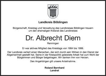 Traueranzeige von Albrecht Diem von Leonberger Kreiszeitung / Strohgäu Extra