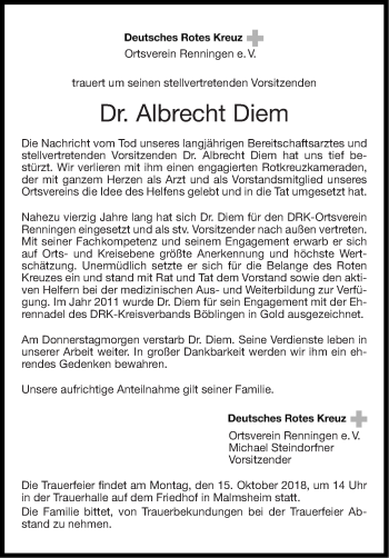 Traueranzeige von Albrecht Diem von Leonberger Kreiszeitung / Strohgäu Extra