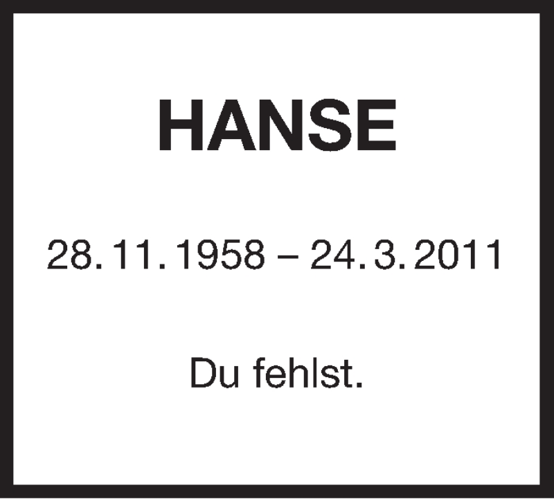  Traueranzeige für Hanse  vom 28.11.2018 aus Leonberger Kreiszeitung / Strohgäu Extra