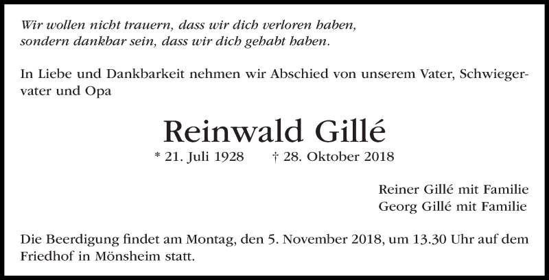  Traueranzeige für Reinwald Gillé vom 02.11.2018 aus Leonberger Kreiszeitung / Strohgäu Extra