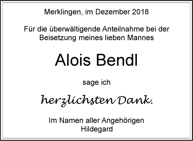  Traueranzeige für Alois Bendl vom 28.12.2018 aus Leonberger Kreiszeitung / Strohgäu Extra