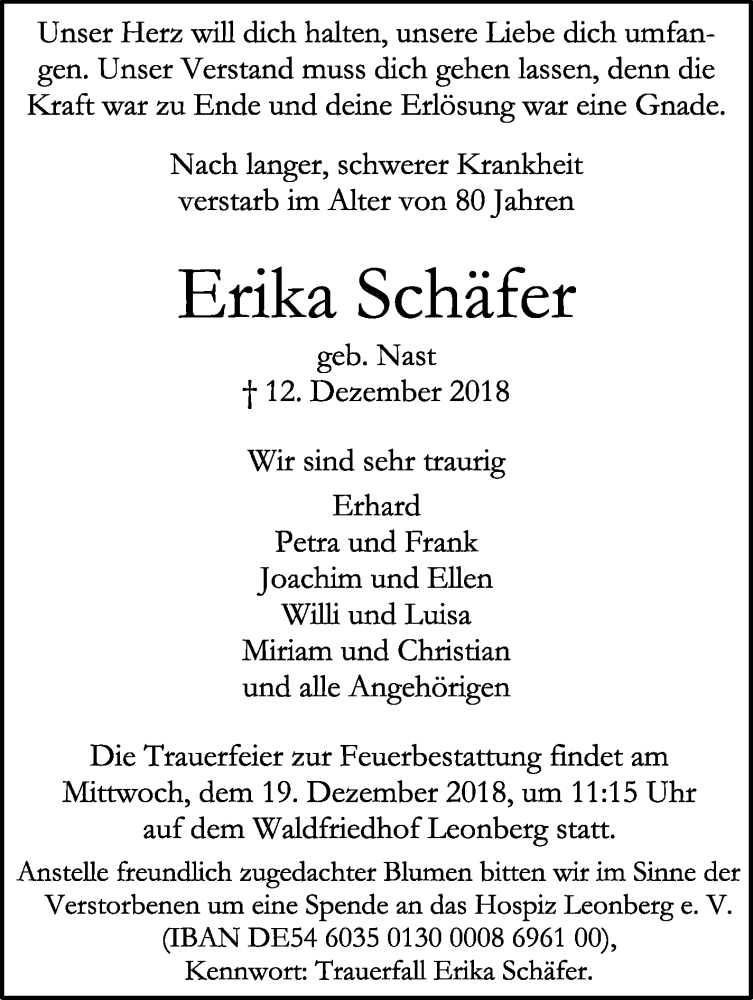  Traueranzeige für Erika Schäfer vom 15.12.2018 aus Leonberger Kreiszeitung / Strohgäu Extra