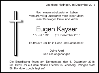 Traueranzeige von Eugen Kayser von Leonberger Kreiszeitung
