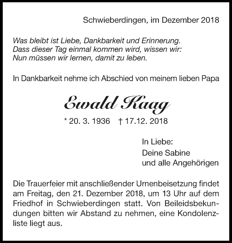  Traueranzeige für Ewald Kaag vom 19.12.2018 aus Leonberger Kreiszeitung / Strohgäu Extra