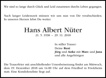 Traueranzeige von Hans Albert Nüter von Leonberger Kreiszeitung / Strohgäu Extra