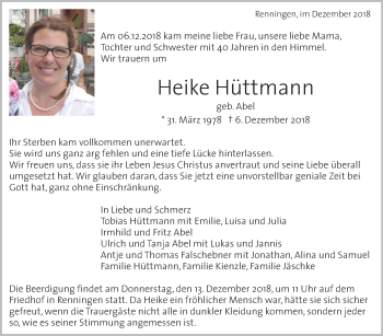 Traueranzeige von Heike Hüttmann von Leonberger Kreiszeitung / Strohgäu Extra