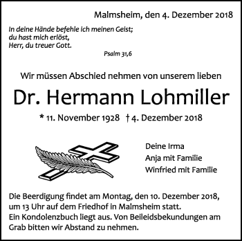 Traueranzeige von Hermann Lohmiller von Leonberger Kreiszeitung