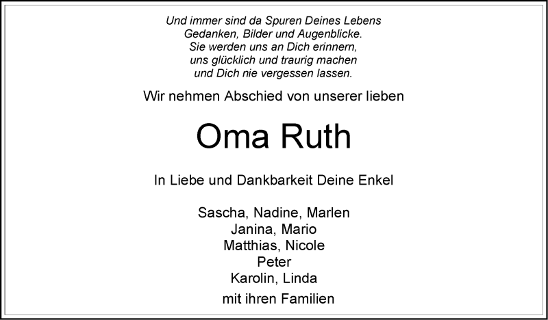 Traueranzeige für Oma Ruth  vom 19.12.2018 aus Leonberger Kreiszeitung / Strohgäu Extra