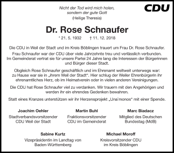 Traueranzeige von Rose Schnaufer von Leonberger Kreiszeitung / Strohgäu Extra