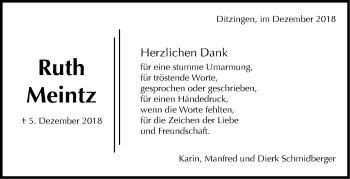 Traueranzeige von Ruth Meintz von Leonberger Kreiszeitung / Strohgäu Extra