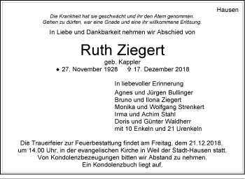 Traueranzeige von Ruth Ziegert von Leonberger Kreiszeitung / Strohgäu Extra
