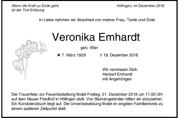 Traueranzeige von Veronika Emhardt von Leonberger Kreiszeitung / Strohgäu Extra