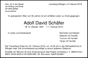 Traueranzeige von Adolf David Schäfer von Leonberger Kreiszeitung / Strohgäu Extra