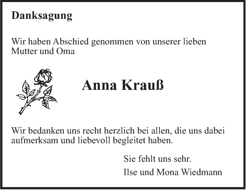  Traueranzeige für Anna Krauß vom 16.02.2018 aus Leonberger Kreiszeitung / Strohgäu Extra