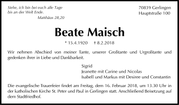 Traueranzeige von Beate Maisch von Leonberger Kreiszeitung / Strohgäu Extra