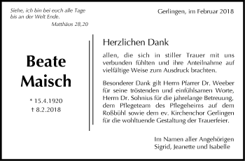 Traueranzeige von Beate Maisch von Leonberger Kreiszeitung / Strohgäu Extra