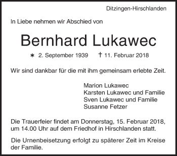 Traueranzeige von Bernhard Lukawec von Leonberger Kreiszeitung / Strohgäu Extra