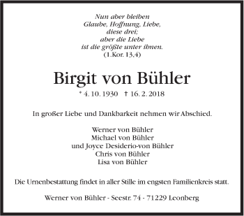 Traueranzeige von Birgit  von Bühler von Leonberger Kreiszeitung / Strohgäu Extra