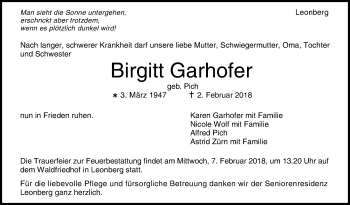Traueranzeige von Birgitt Garhofer von Leonberger Kreiszeitung / Strohgäu Extra