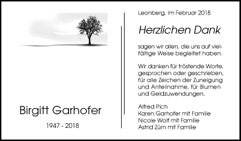Traueranzeige von Birgitt Garhofer von Leonberger Kreiszeitung / Strohgäu Extra