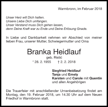 Traueranzeige von Branka Heidlauf von Leonberger Kreiszeitung / Strohgäu Extra