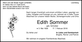 Traueranzeige von Edith Sommer von Leonberger Kreiszeitung / Strohgäu Extra