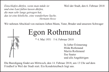 Traueranzeige von Egon Rothmund von Leonberger Kreiszeitung / Strohgäu Extra