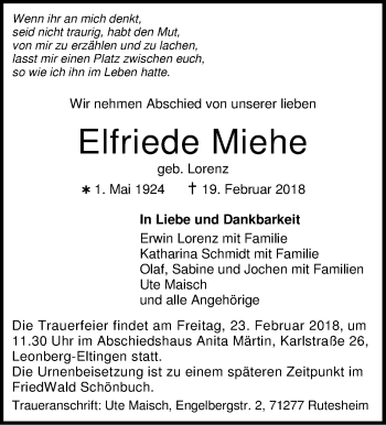 Traueranzeige von Elfriede Miehe von Leonberger Kreiszeitung / Strohgäu Extra