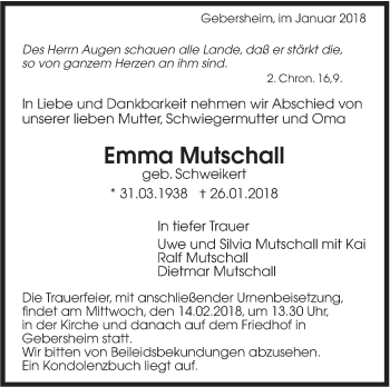 Traueranzeige von Emma Mutschall von Leonberger Kreiszeitung / Strohgäu Extra