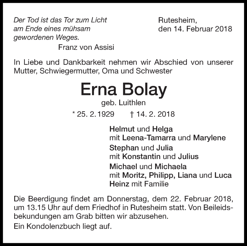  Traueranzeige für Erna Bolay vom 17.02.2018 aus Leonberger Kreiszeitung / Strohgäu Extra