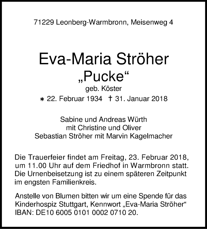  Traueranzeige für Eva-Maria Ströher vom 16.02.2018 aus Leonberger Kreiszeitung / Strohgäu Extra