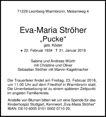 Traueranzeige von Eva-Maria Ströher von Leonberger Kreiszeitung / Strohgäu Extra
