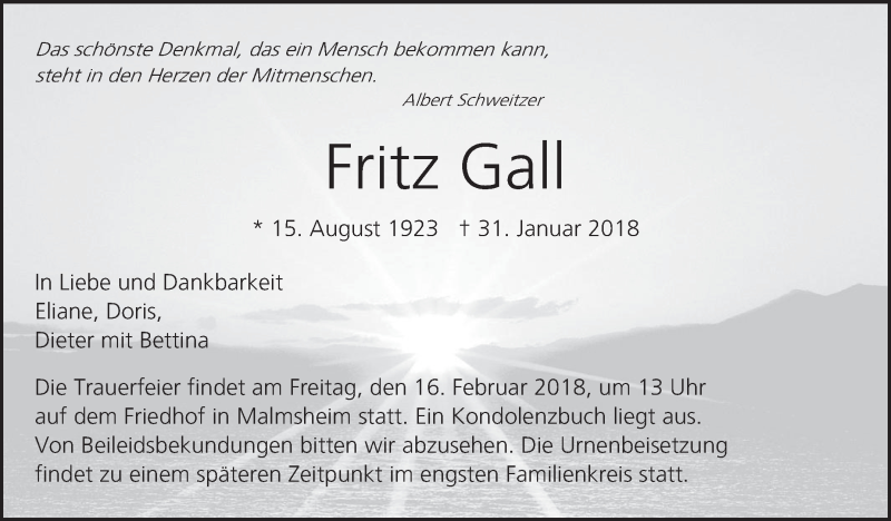  Traueranzeige für Fritz Gall vom 12.02.2018 aus Leonberger Kreiszeitung / Strohgäu Extra