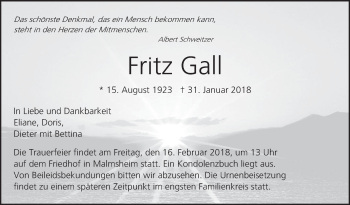 Traueranzeige von Fritz Gall von Leonberger Kreiszeitung / Strohgäu Extra