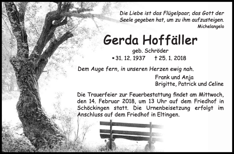  Traueranzeige für Gerda Hoffäller vom 07.02.2018 aus Leonberger Kreiszeitung / Strohgäu Extra