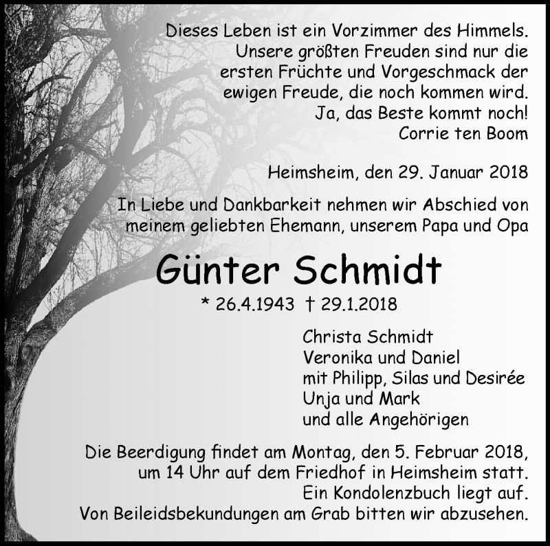  Traueranzeige für Günter Schmidt vom 01.02.2018 aus Leonberger Kreiszeitung / Strohgäu Extra