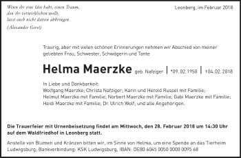 Traueranzeige von Helma Maerzke von Leonberger Kreiszeitung / Strohgäu Extra