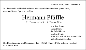Traueranzeige von Hermann Pfäffle von Leonberger Kreiszeitung / Strohgäu Extra