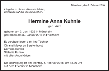 Traueranzeige von Hermine Anna Kuhnle von Leonberger Kreiszeitung / Strohgäu Extra