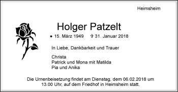 Traueranzeige von Holger Patzelt von Leonberger Kreiszeitung / Strohgäu Extra