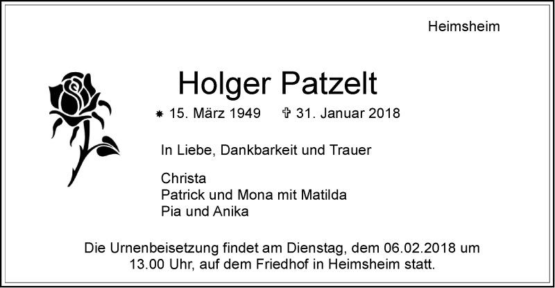  Traueranzeige für Holger Patzelt vom 02.02.2018 aus Leonberger Kreiszeitung / Strohgäu Extra