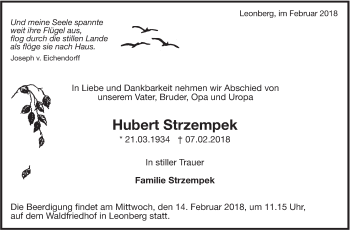 Traueranzeige von Hubert Strzempek von Leonberger Kreiszeitung / Strohgäu Extra